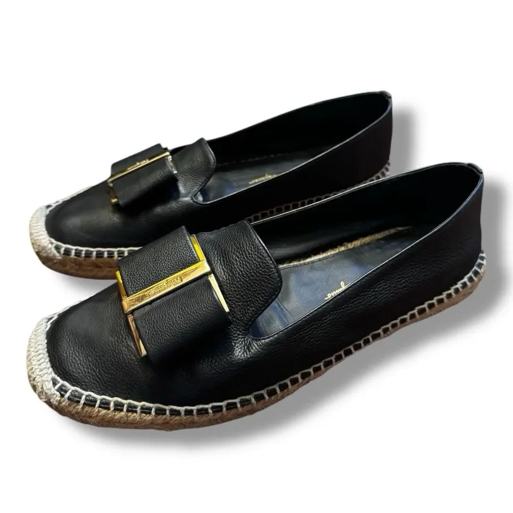 Ferragamo Black Sannio Leather Bow Espadrilles Size 8 - Picture 2 of 8